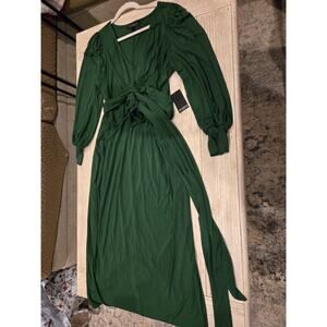 Eloquii Women's Size 20 Green Long Sleeve Maxi Dress V-Neck Tie